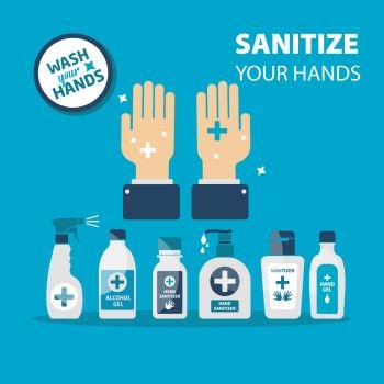 Vector hand sanitizer symbol set,alcohol bottle for hygiene, isolated, sign and icon template.. Vector hand sanitizer symbol, alcohol bottle for hygiene, isolated on blue background, medical illustration.