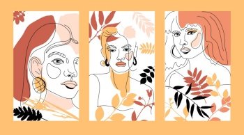 Set of Woman s Face Minimal Line Style. Abstract Contemporary collage of geometric shapes.. Set of banners with Womans Face Minimal Line Style ol-line drawing. Abstract Contemporary autumn color collage of geometric shapes in a modern trendy style. Vector female Portrait. Beauty Concept, t-Shirt Print, card, poster, logo.