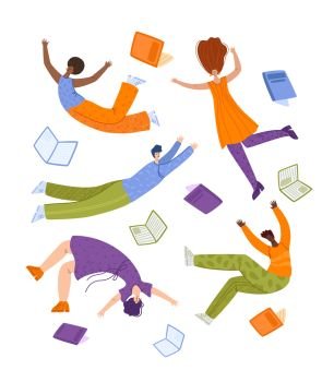 People flying dreaming with books, miniature men and girls, students in dynamic poses isolated on white. Study, literature fans, lovers concept, flat cartoon textured characters - vector illustration. Literature fans people with books