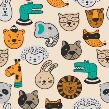 Seamless pattern with funny animal faces. Scandinavian vector illustration.  Can be used for wallpaper, wrapping, textile, fabric. 