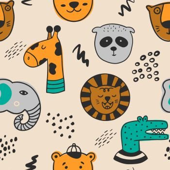 Wild animals seamless pattern. Scandinavian background with panda, crocodile, elephant, bear, tiger, lion, giraffe. Can be used for wallpaper, wrapping, textile, fabric. 