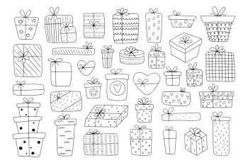 Big set of hand-drawn different gift boxes isolated on a white background. Doodle gifts in Scandinavian style for Valentine’s Day, Christmas Day, New Year, Birthday.