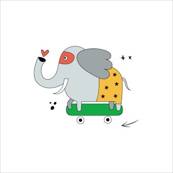 An elephant on a skateboard in funny comic costumes. Vector hand drawn illustration with wild animal on white background. Can be used for getting card, nursery, poster