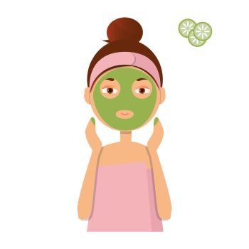 Vector illustration. Beautiful girl inflicts a mask of clay or cream on the face. Beauty, body care concept. . Beautiful girl inflicts a mask of clay or cream on the face. Beauty, body care concept. Vector illustration 