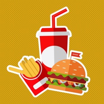 Set of colorful cartoon fast food icons. Isolated vector.. Fast food vector. A group of friendly Fast Food meals. Flat design