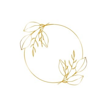 Flower gold frame badge, logo in minimalism style, liner icon. Vector emblem template for cosmetics, beauty studio, spa.