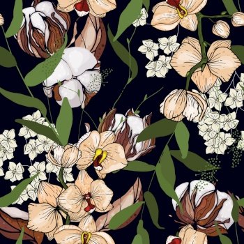 Blossom floral cotton seamless pattern. Vintage background. Blooming realistic isolated flowers. Hand drawn vector illustration.