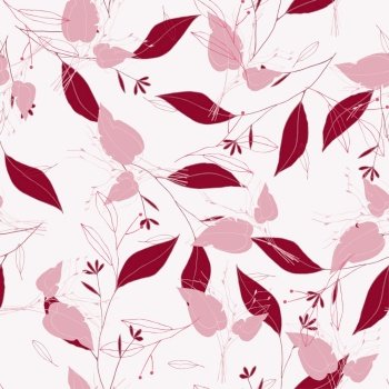 Rustic vintage pink leaves and hand sketched flowers seamless pattern on white background. Botanical vector illustration of painted small floral template and outline drawing elements for textile, fashion, fabric, wrapping. 