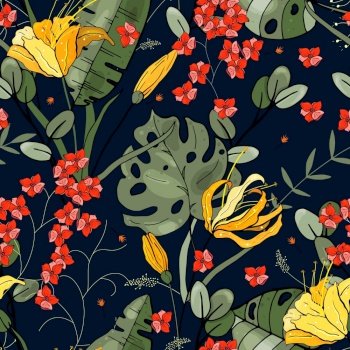 Trendy floral pattern. Isolated seamless pattern. Vintage background. Wallpaper.  Hand drawn. Vector illustration.