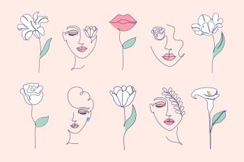 Collection of flowers and women faces in one line drawing style on light background.