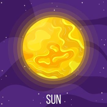 Sun planet in space. Colorful universe with sun. Cartoon style vector illustration for any design.