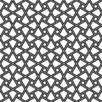 Seamless geometric ornament based on traditional arabic art. Muslim mosaic.Black and white lines.Great design for fabric,textile,cover,wrapping paper,background.Doubled lines.. Seamless arabic geometric ornament in black and white.