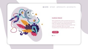 Spacemen or astronauts and moon huge space web page template vector natural satellite exploration pressure suits interstellar expedition or mission gravity cosmos and universe astronomy science. Huge space spacemen or astronauts and moon web page template