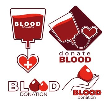 Charity and blood donation isolated icons heart and dropper sick and injured people help or donor aid campaign sterile packs and human hand medical laboratory save life medicine and healthcare.. Blood donation and charity isolated icons heart and dropper