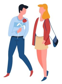 Man and woman couple on date walking love isolated male and female characters vector girl with purse and guy with rose flower boyfriend and girlfriend relationship husband and wife lovers romance.. Man offering rose to woman couple on date walking
