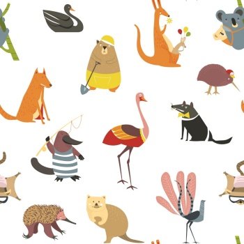 Animals and birds wild Australian mammals seamless pattern wildlife vector kangaroo and koala bear beaver and swan Tasmanian devil and ostrich, fox and flying squirrel ant-eater and quokka lyrebird. Wild Australian animals and birds seamless pattern wildlife