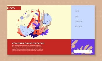 Worldwide online education and reading web pages templates vector. Student training and learning, knowledge, Internet site mockup. Lectures, literature and classes, Bachelor or Master degree receiving. Online education, worldwide service landing web page template