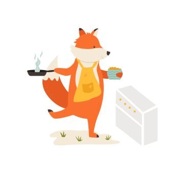 Cute fox cooking breakfast. Vector illustration. Animal character design. A Cute fox cooking breakfast. Vector illustration.