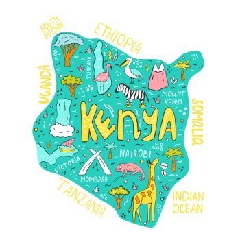 Hand drawn illustrated map of Kenya with landmarks, animals and lettering text. For tourist guides, prints, souvenirs, posters, banners. Hand drawn illustrated map of Kenya with landmarks