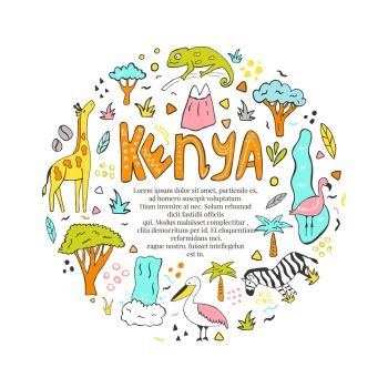 Hand drawn abstract design of Kenya with landmarks, animals and lettering text. For tourist guides, prints, souvenirs, posters, banners. Hand drawn abstract design of Kenya with landmarks