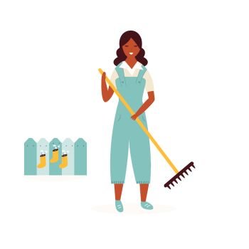 Happy farmer girl with rake cleaning garden. Garden works. Vector illustration. Happy farmer girl with rake cleaning garden.
