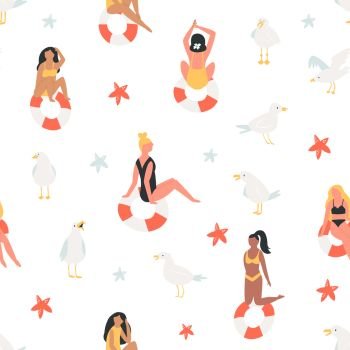 Summer seamless pattern with beautiful girls in swimsuits. Holiday vector illustration. Summer seamless pattern with beautiful girls