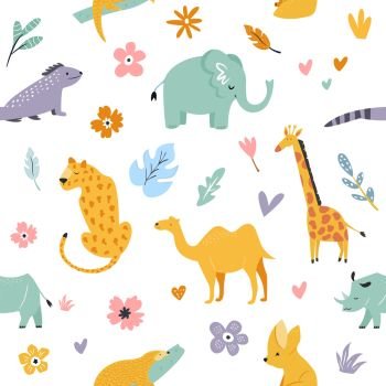 Seamless pattern with african animals and floral prints. Giraffe, camel, leopard, fennec fox, pangolin, elephant, rhino. Seamless pattern with african animals and floral prints