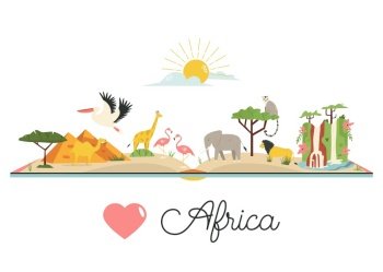 Tourist poster with famous symbols, animals of Africa. Explore Africa concept image. For banner, travel guides. Tourist poster with symbols, animals of Africa
