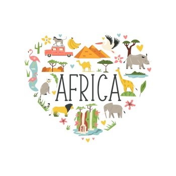 Decorative banner with famous symbols, animals of Africa. Explore Africa concept image. For banner, travel guides. Decorative banner with symbols, animals of Africa