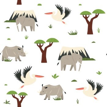 Seamless pattern in a flat style with African animals rhino. elephant. pelican. Wallpaper with wildlife motives. Seamless pattern in a flat style with african animlas