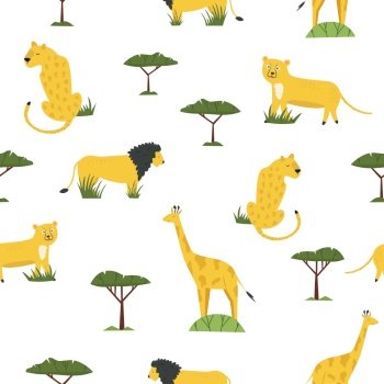 Seamless pattern in a flat style with African animals lion, giraffe, cheetah. Wildlife concept. Seamless pattern in a flat style with african animlas