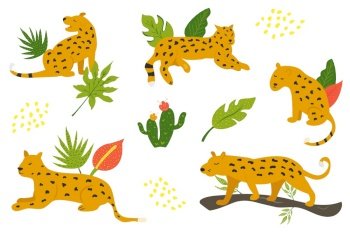 Set of hand drawn leopards and tropical leaves. Vector illustration. Set of hand drawn leopards and tropical leaves