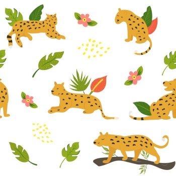 Seamless hawaiian pattern with leopards and tropical leaves. Suitable for fabric, textile prints, gift box wrapping. Seamless safari pattern with leopards and leaves