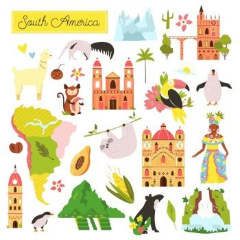 Set of South American animals and famous natural landmarks. Big vector bundle of flat icons. Set of South American animals and famous natural objects, landmarks