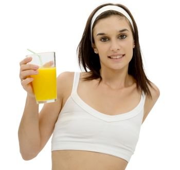 beautiful young woman in white underwear with orange juice, isolated
