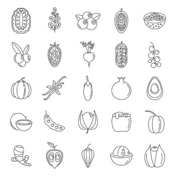 Modern superfood icons set. Outline set of modern superfood vector icons for web design isolated on white background. Modern superfood icons set, outline style