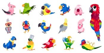 Parrot icons set. Cartoon set of parrot vector icons for web design. Parrot icons set, cartoon style