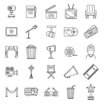 Studio stage director icons set. Outline set of studio stage director vector icons for web design isolated on white background. Studio stage director icons set, outline style