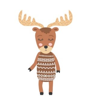 Cute moose flat hand drawn illustration. deer, reindeer. Woodland animal character. Elk clipart. Postcard, kids book design element. Cute moose flat hand drawn illustration. Forest fauna. Zoo mammal. Elk clipart.