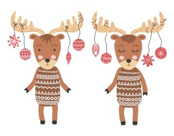 A pair of Scandinavian moose in Christmas attire, with balls on the horns, children’s print, poster, design. Funny moose with Christmas balls, hand drawn illustration.