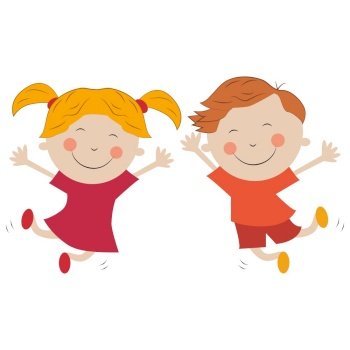 Boy and girl jumping for joy isolated on white background