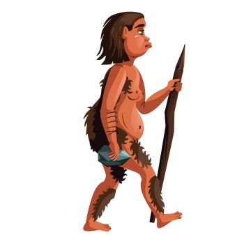 Ancient homo erectus or caveman, human ancestor cartoon vector illustration. Neanderthal with wooden stick and stone in hands, one of stages in Darwin evolutionary theory, isolated on white background. Woman evolution vector cartoon illustration