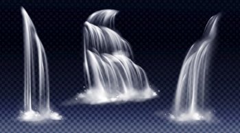 Waterfalls isolated on transparent background. Vector realistic river water fall with cascade, splash and fog. Set of liquid streams, flow of pure aqua, shower or rain. Set of waterfalls with cascade, splash and fog