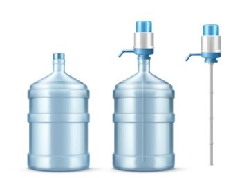 Pump water cooler and big bottle for office and home. Vector realistic mockup of dispenser with pump for pouring clean water and large plastic gallon isolated on white background. Pump cooler and big bottle for clean water