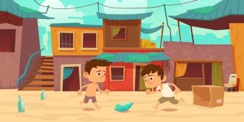 Kids in ghetto playing football with old plastic bottle and carton box. Children play soccer at slum area with huts buildings with curtains and cracked walls. Poor district Cartoon vector illustration. Kids in ghetto play football with bottle and box