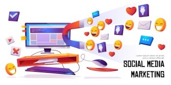 Social media marketing banner. Smm strategy campaign, magnet attracting audience, likes, feedbacks and followers from computer desktop screen. Influencer viral content, Cartoon vector illustration. Social media marketing banner magnet attract likes