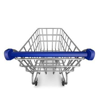 Shopping trolley, empty supermarket cart view from the first person isolated on white. Customers equipment for purchasing in retail shop, grocery and store market. Realistic 3d vector illustration. Shopping trolley, empty cart first person view