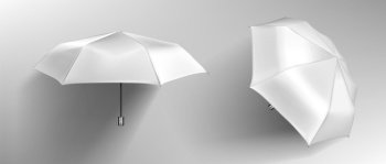 White umbrella, blank parasol front and side view mock up. Waterproof accessories for rainy autumn weather, design element isolated on grey background. Realistic 3d vector illustration, icons, clipart. White umbrella, parasol top, side and front view