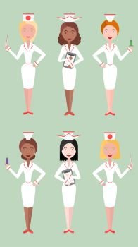 Set flat illustrations nurse women of different nationalities. Vector element for your design and infographics. Set flat illustrations nurse women of different nationalities. V