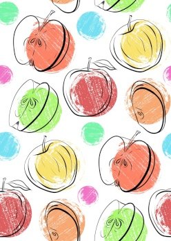 Seamless pattern with apples of different shapes. Single and halves of apples with grunge colored dots. Texture for wallpaper, backgrounds, fabrics and your creativity